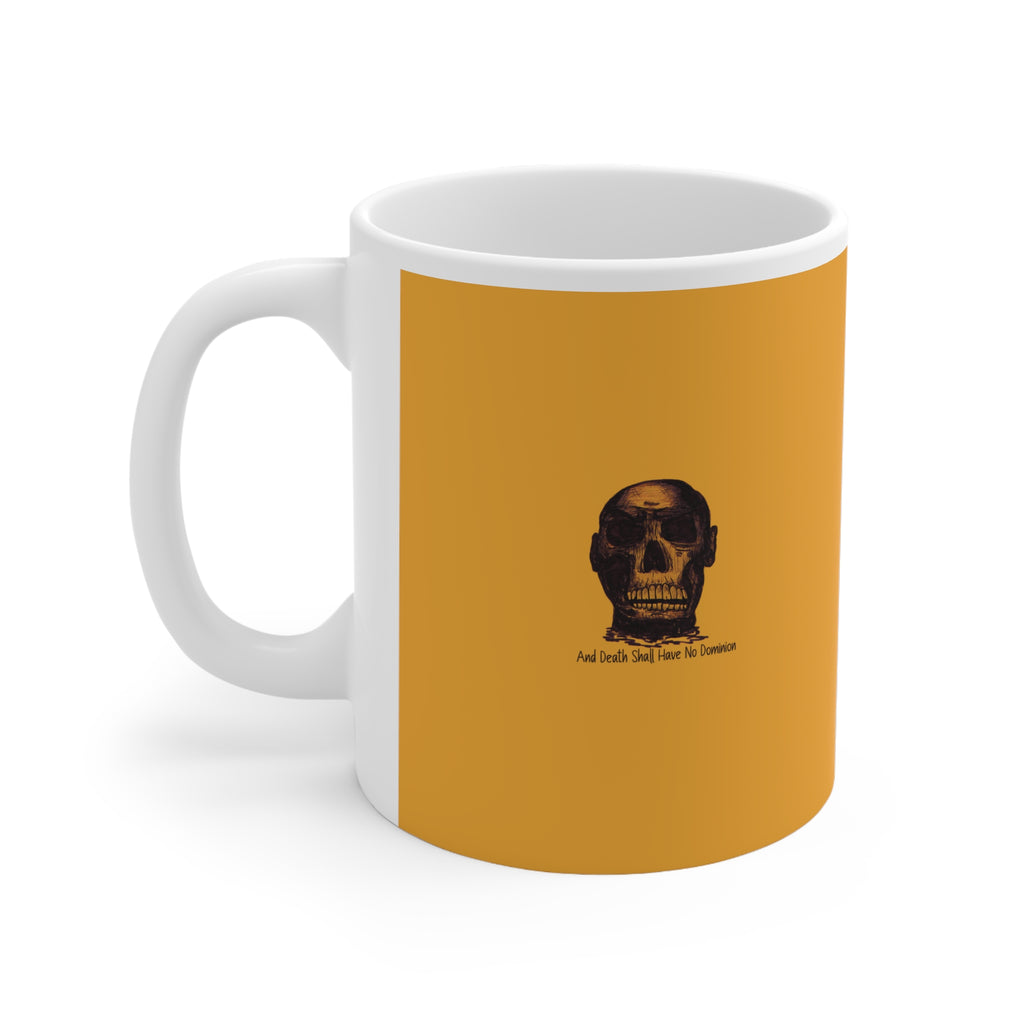 Skull Design by PhatBob. And Death Shall Have No Dominion Ceramic Mug — Vintage Skull Portrait on Mustard Background