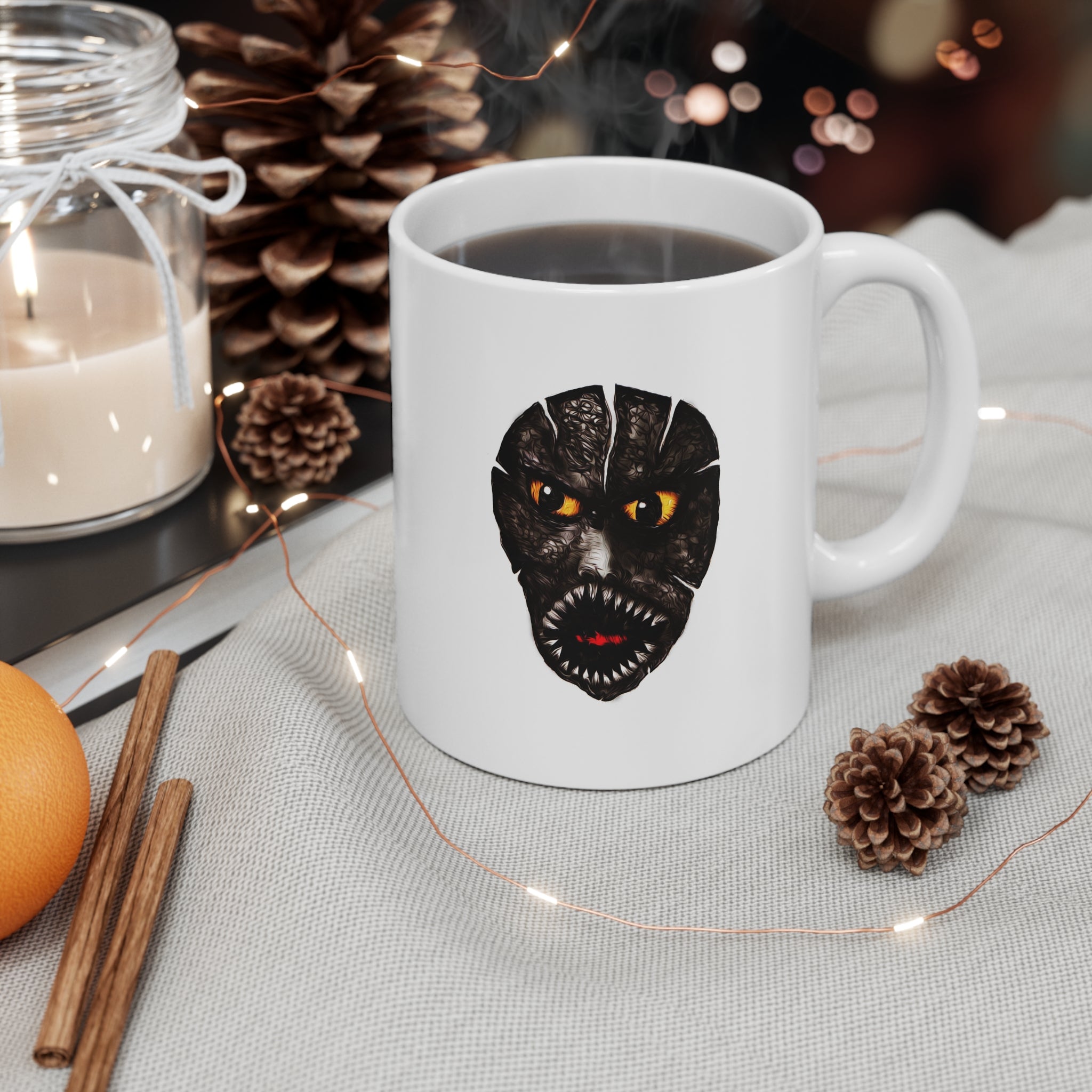 Cracked Horror Mask Ceramic Mug — Creepy Face Coffee Cup, Halloween Gift (11oz)