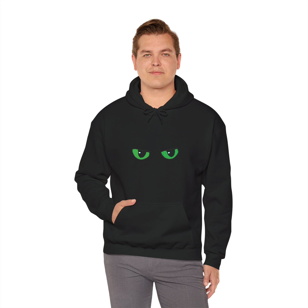 Black Hoodie with Neon Green Dragon Eyes — Spooky Graphic