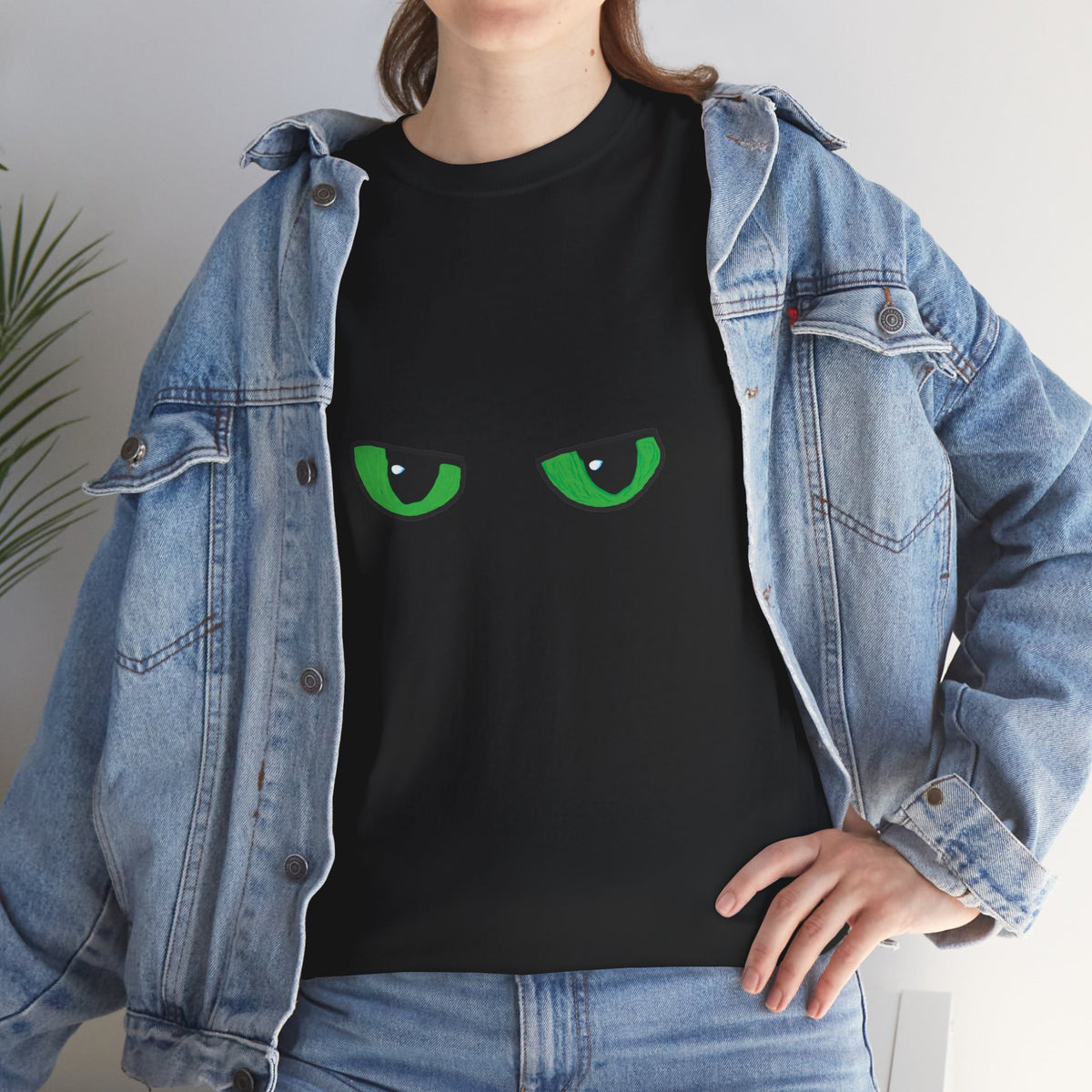 Black Tee with Neon Green Dragon Eyes — Spooky Graphic