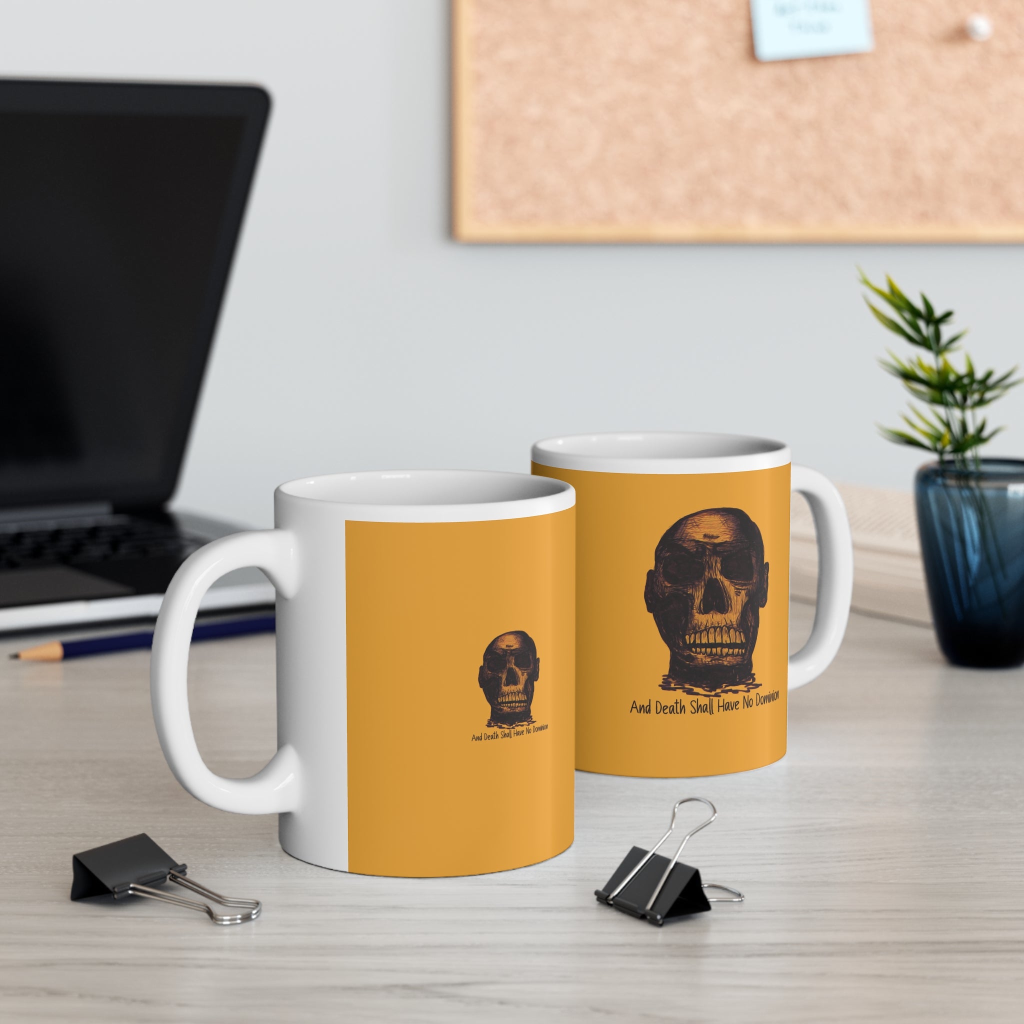 Skull Design by PhatBob. And Death Shall Have No Dominion Ceramic Mug — Vintage Skull Portrait on Mustard Background