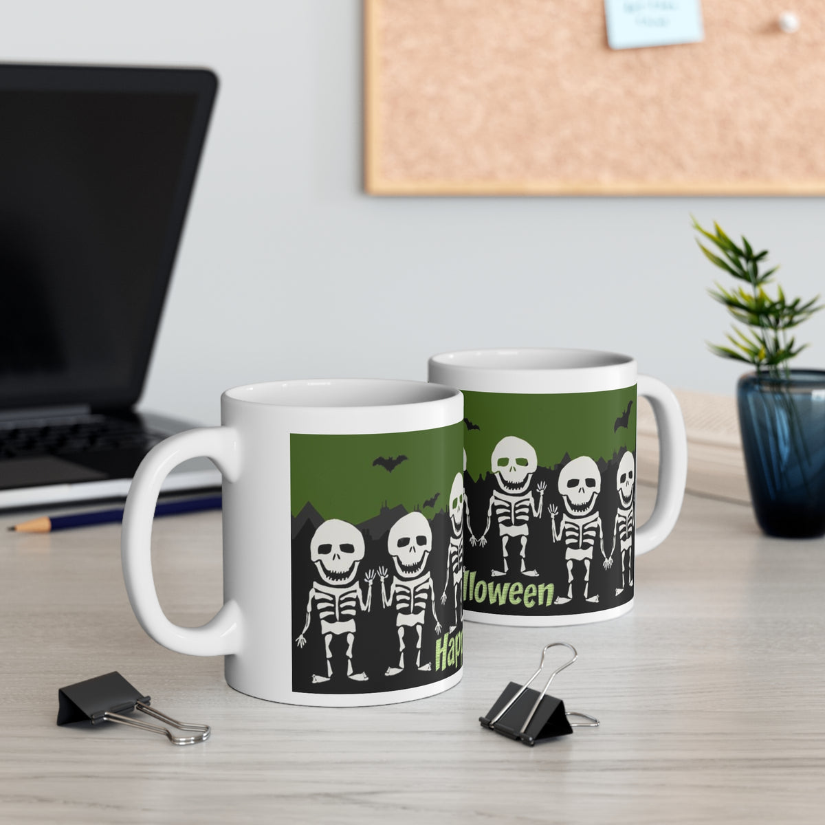Happy Halloween Cute Skeletons Mug — Spooky Ceramic Coffee Cup