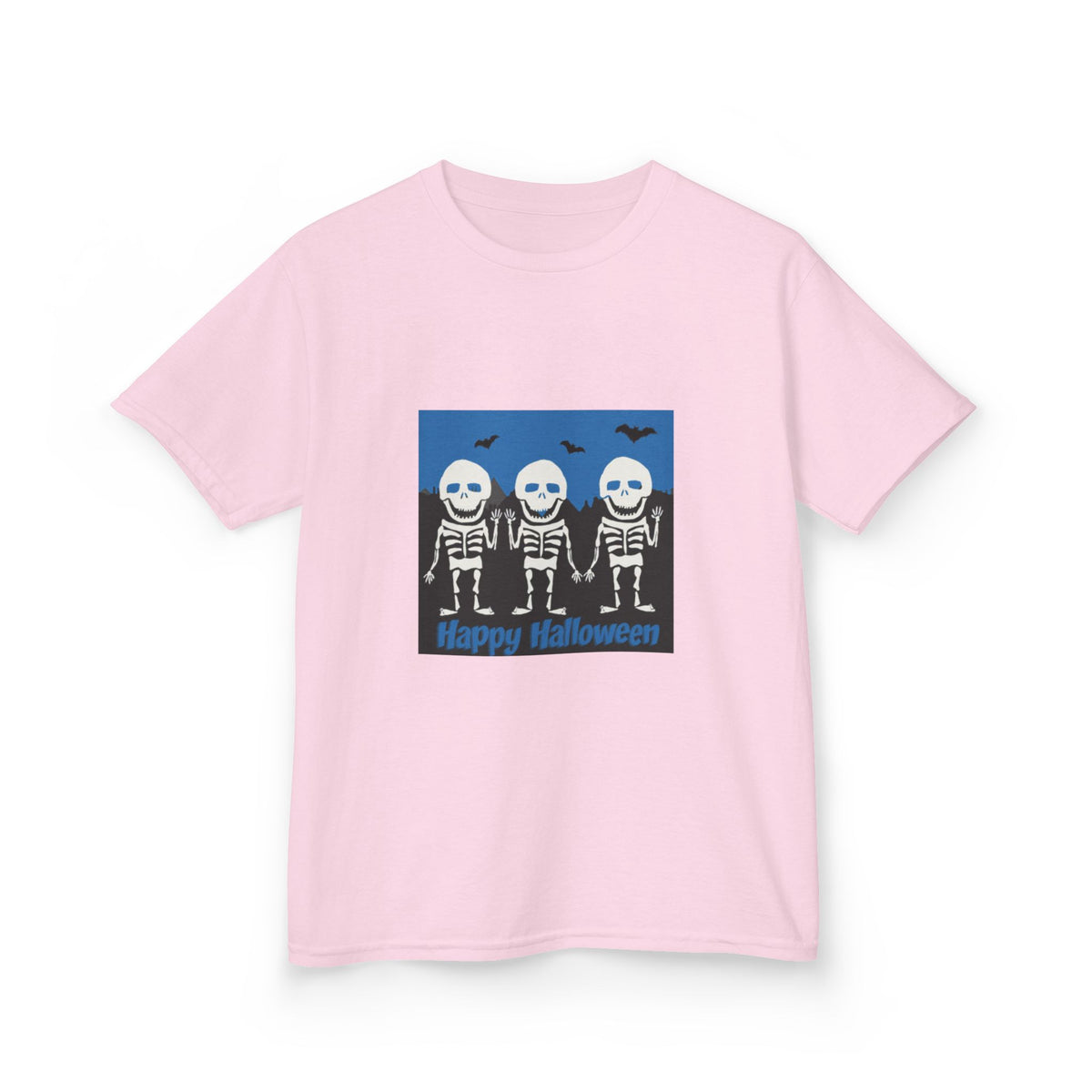 Happy Halloween Cute Skeletons Kids Tee | Fluttering Bats, Blue Night