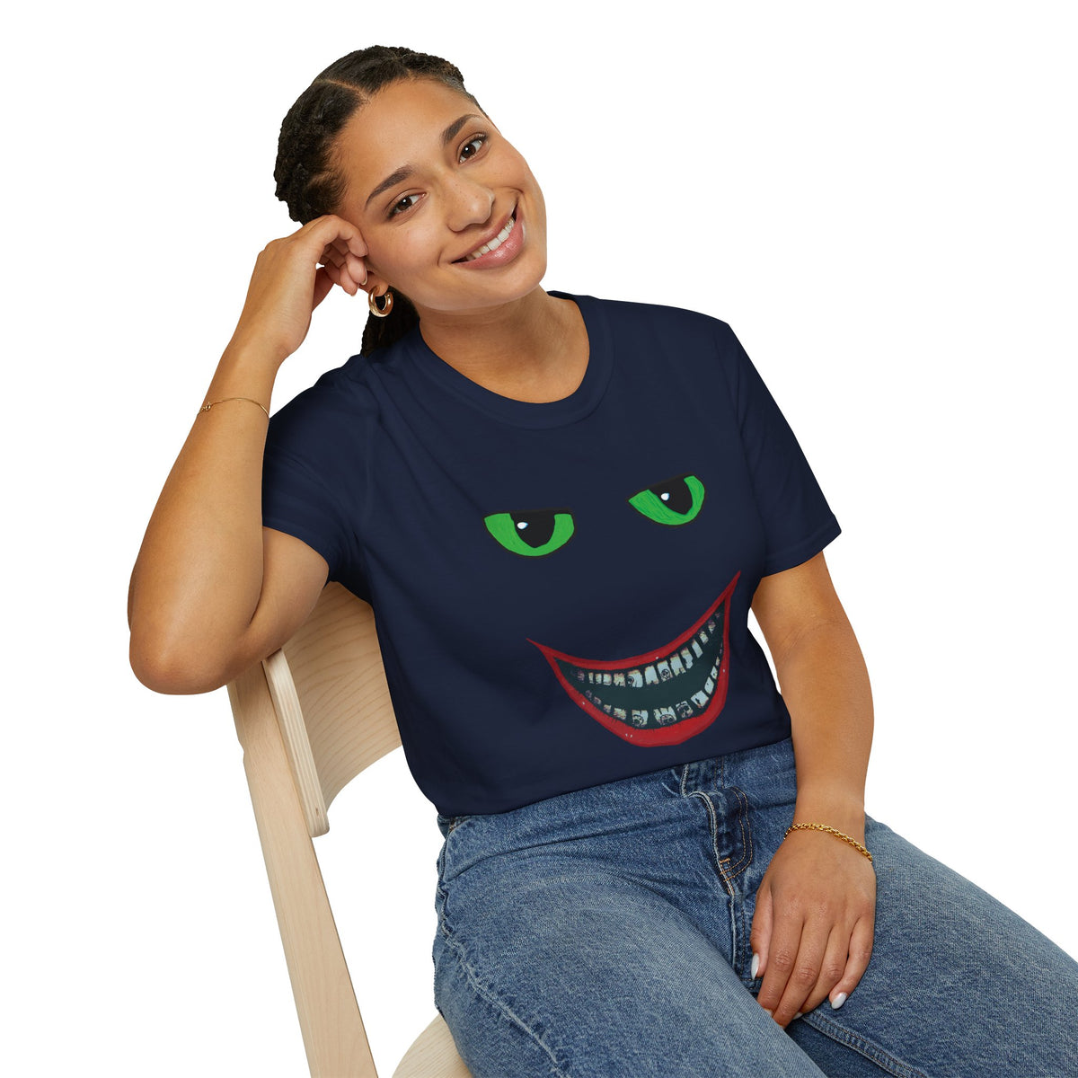 Creepy Grin Graphic T-Shirt — Green Eyes & Sinister Smile Halloween Tee