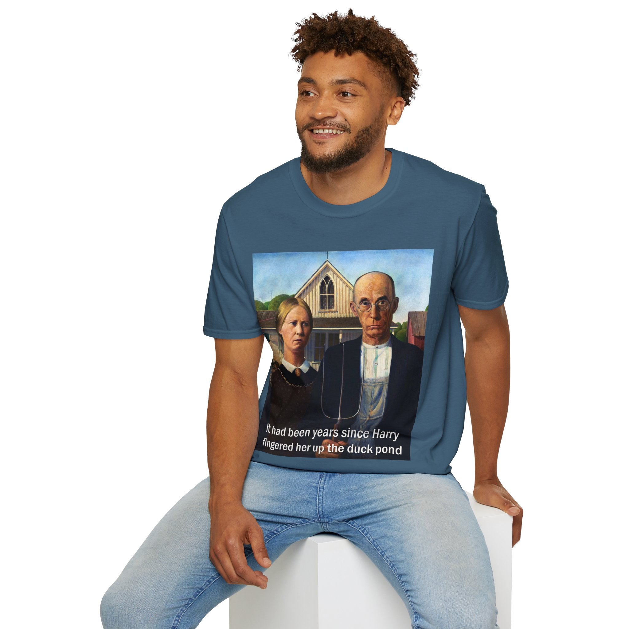 It had been years... American Gothic T-Shirt | Parody art print, farmhouse scene