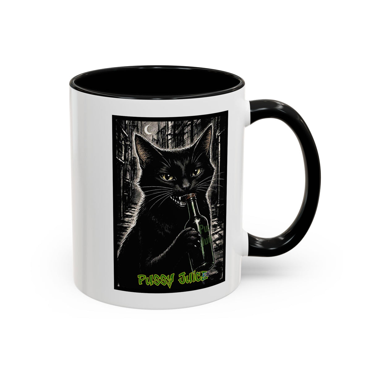 Black Cat Coffee Mug — 'Pussy Juice' Gothic Cat Accent Mug (11/15oz)