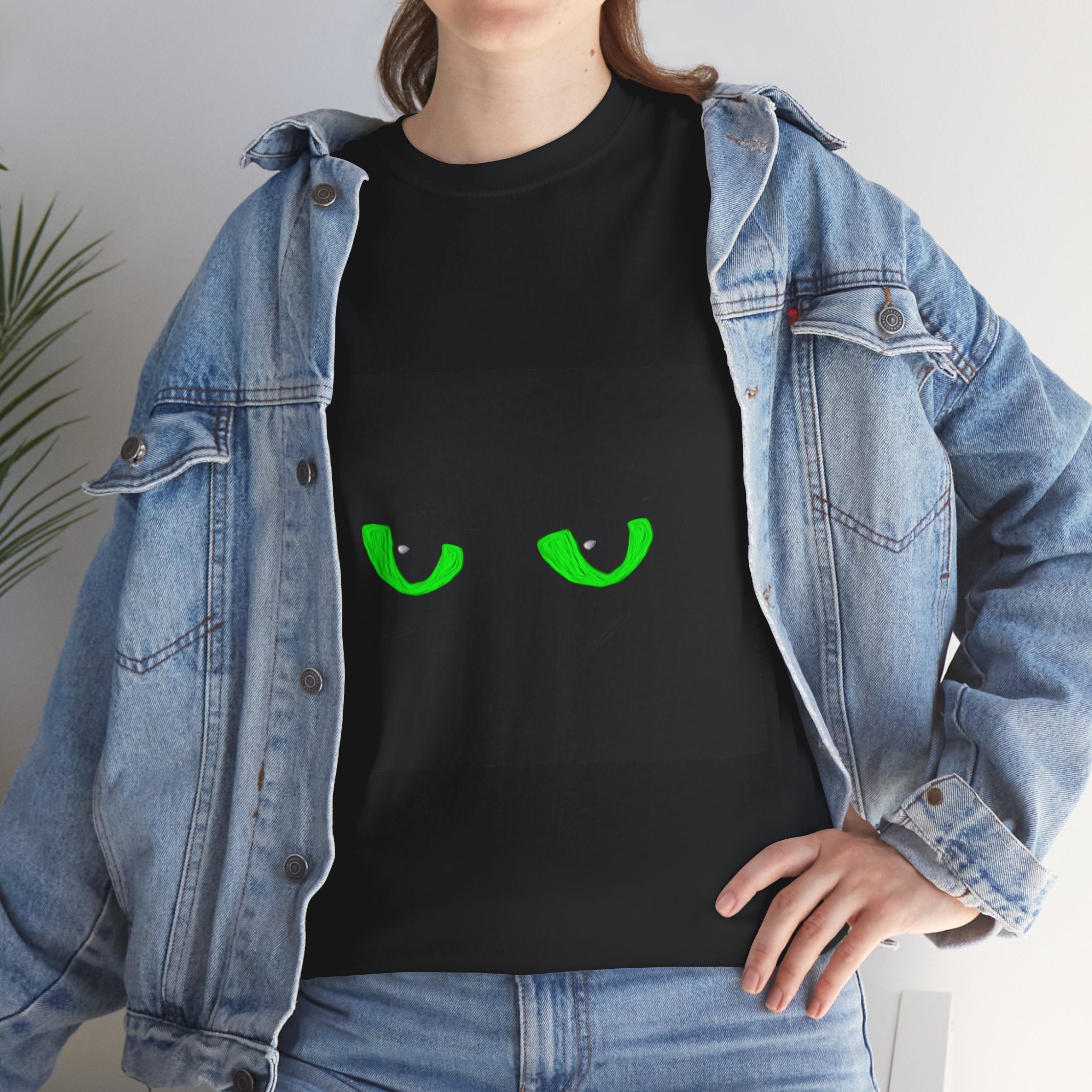 Black Tee with Neon Green Dragon Eyes — Spooky Graphic