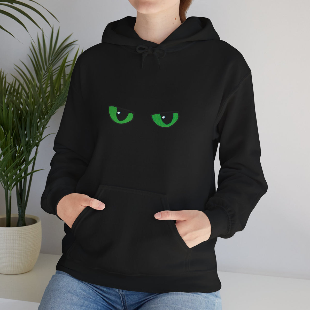 Black Hoodie with Neon Green Dragon Eyes — Spooky Graphic