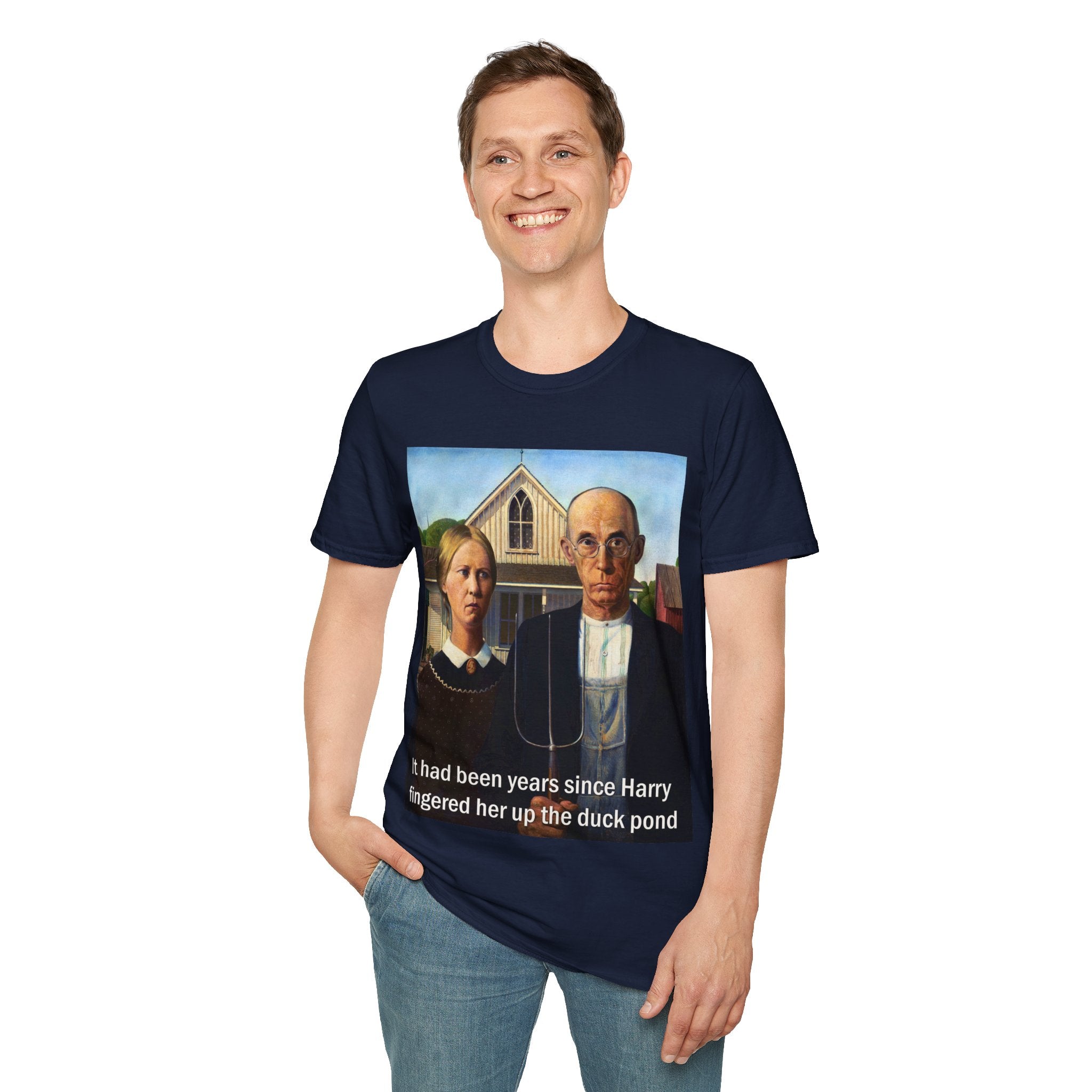 It had been years... American Gothic T-Shirt | Parody art print, farmhouse scene