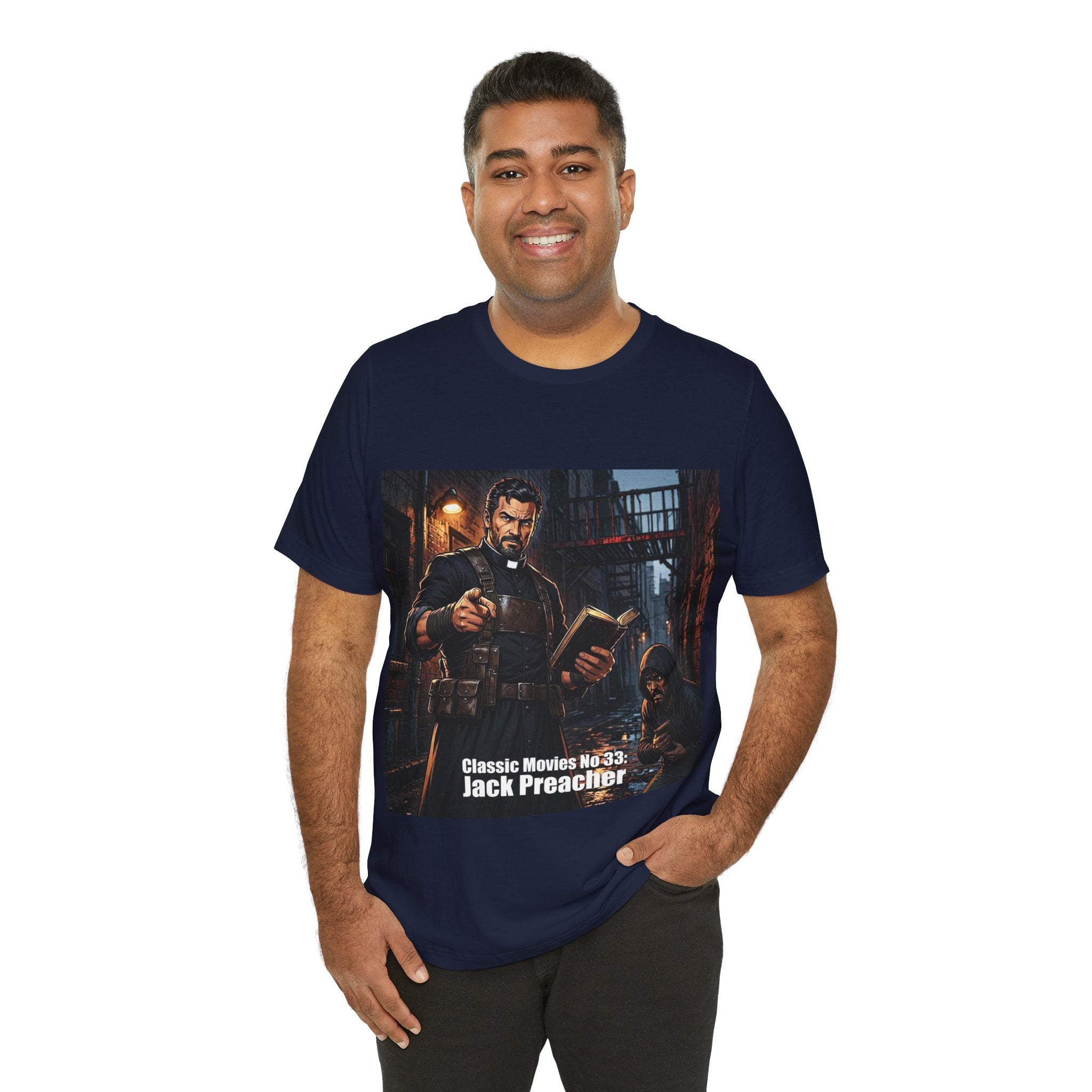 Classic Movies No 33 - Jack Preacher Illustration T-Shirt | Gothic Clergyman Art, Noir Scene