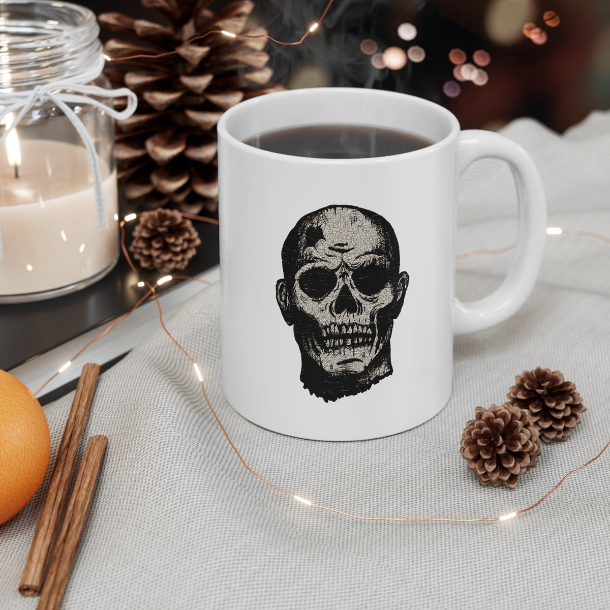 Skull Portrait Mug — Vintage Horror Graphic 11oz White Coffee Cup