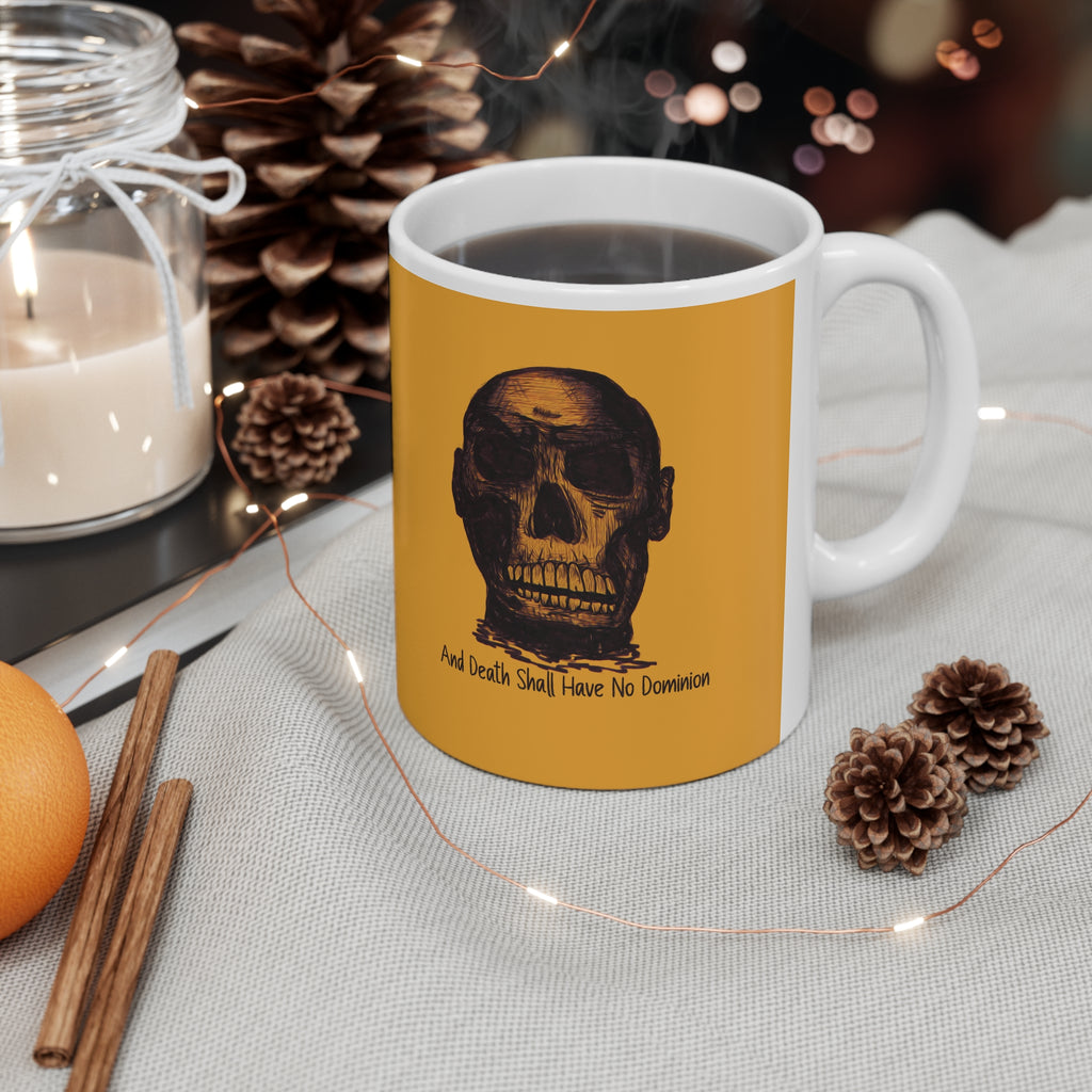 Skull Design by PhatBob. And Death Shall Have No Dominion Ceramic Mug — Vintage Skull Portrait on Mustard Background