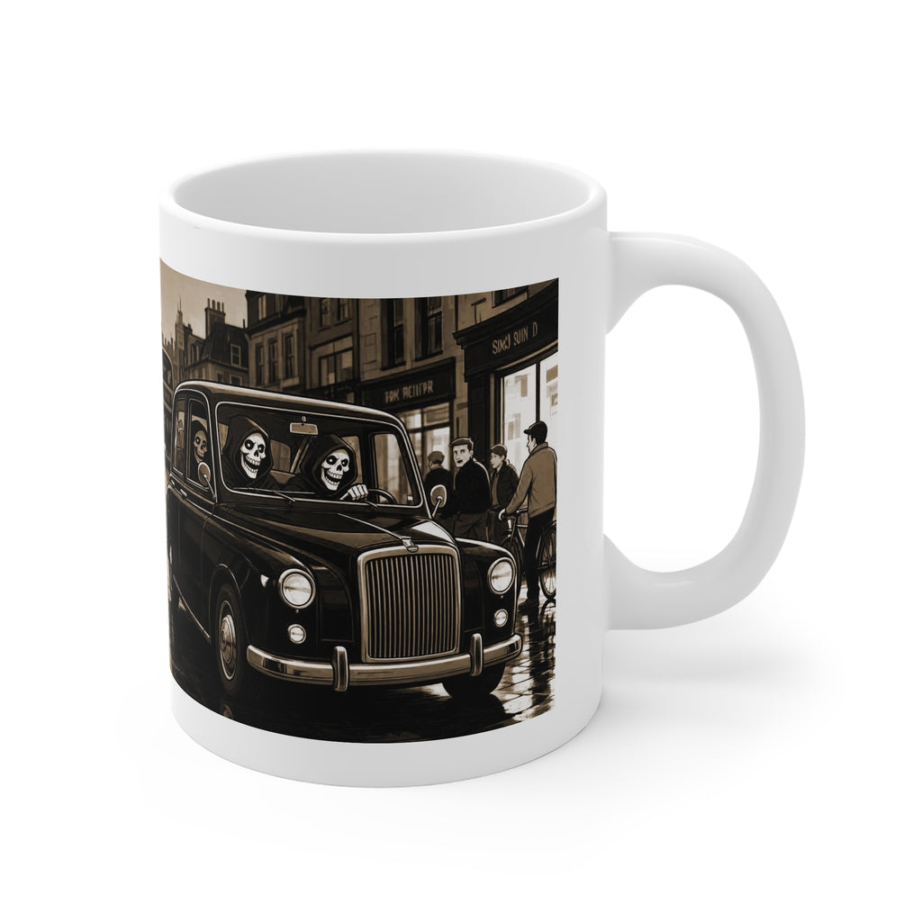 Death and Taxis Mug — Vintage London Scene Coffee Cup with Quote