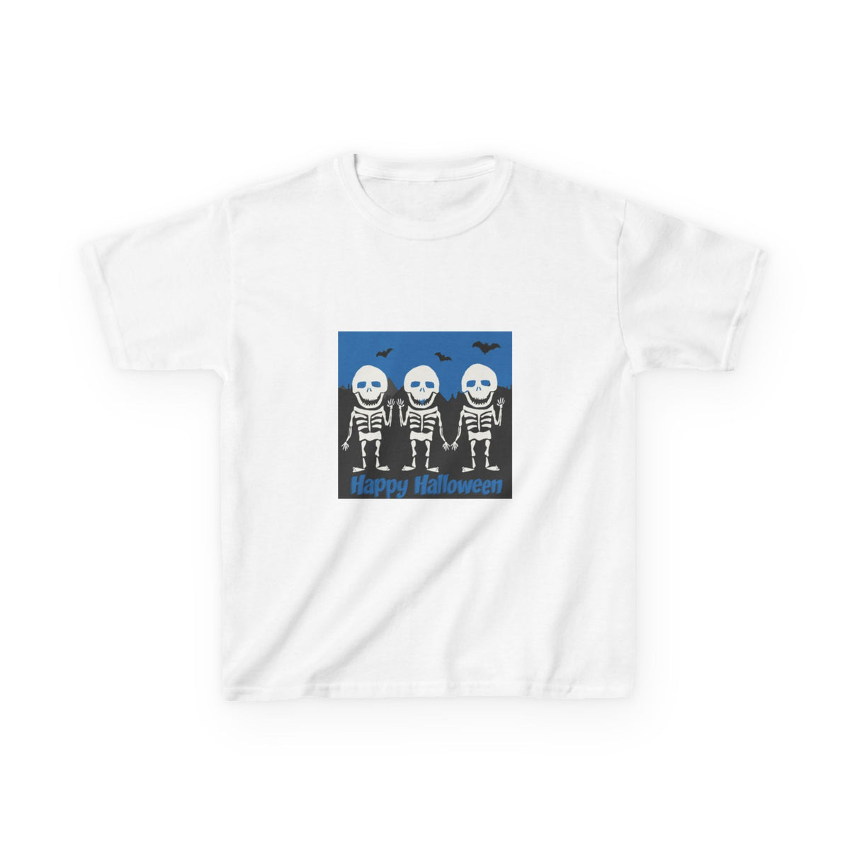 Happy Halloween Cute Skeletons Kids Tee | Fluttering Bats, Blue Night