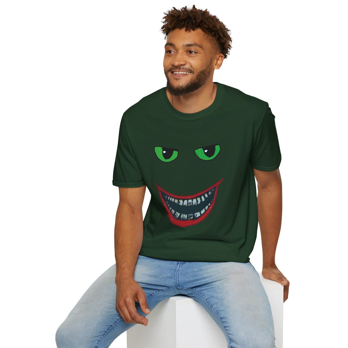 Creepy Grin Graphic T-Shirt — Green Eyes & Sinister Smile Halloween Tee