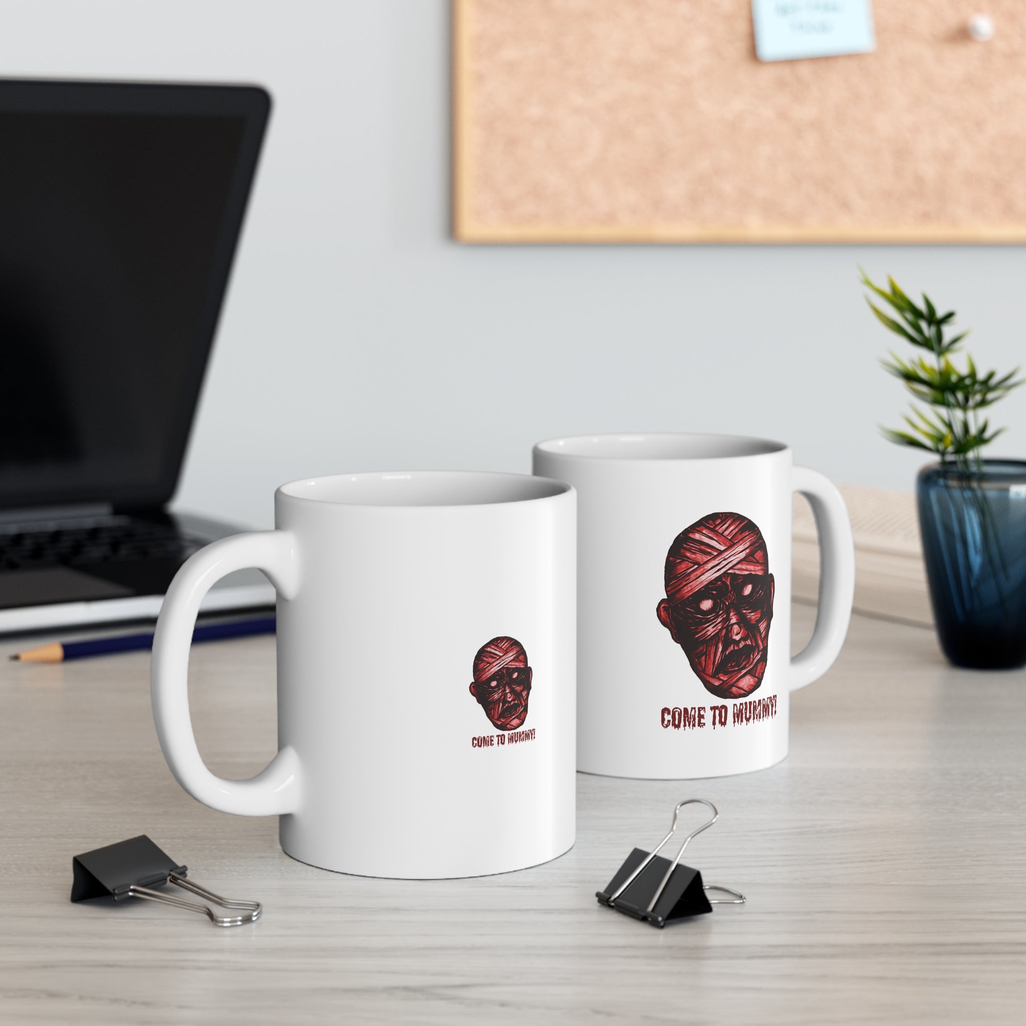 Mummy Head Illustration T-shirt | 'Come to Mummy' Horror Coffee Cup