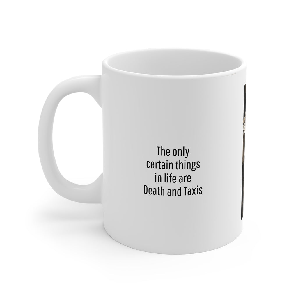Death and Taxis Mug — Vintage London Scene Coffee Cup with Quote