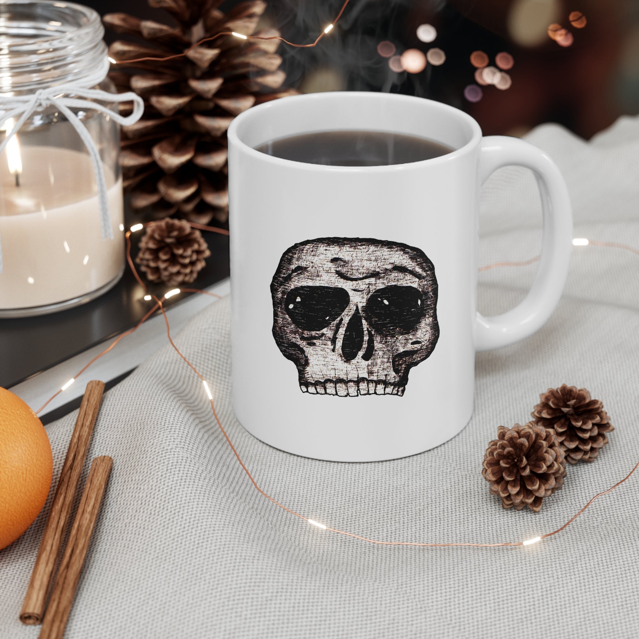 Skull Coffee Mug — Minimalist Distressed Skull 11oz Ceramic Mug