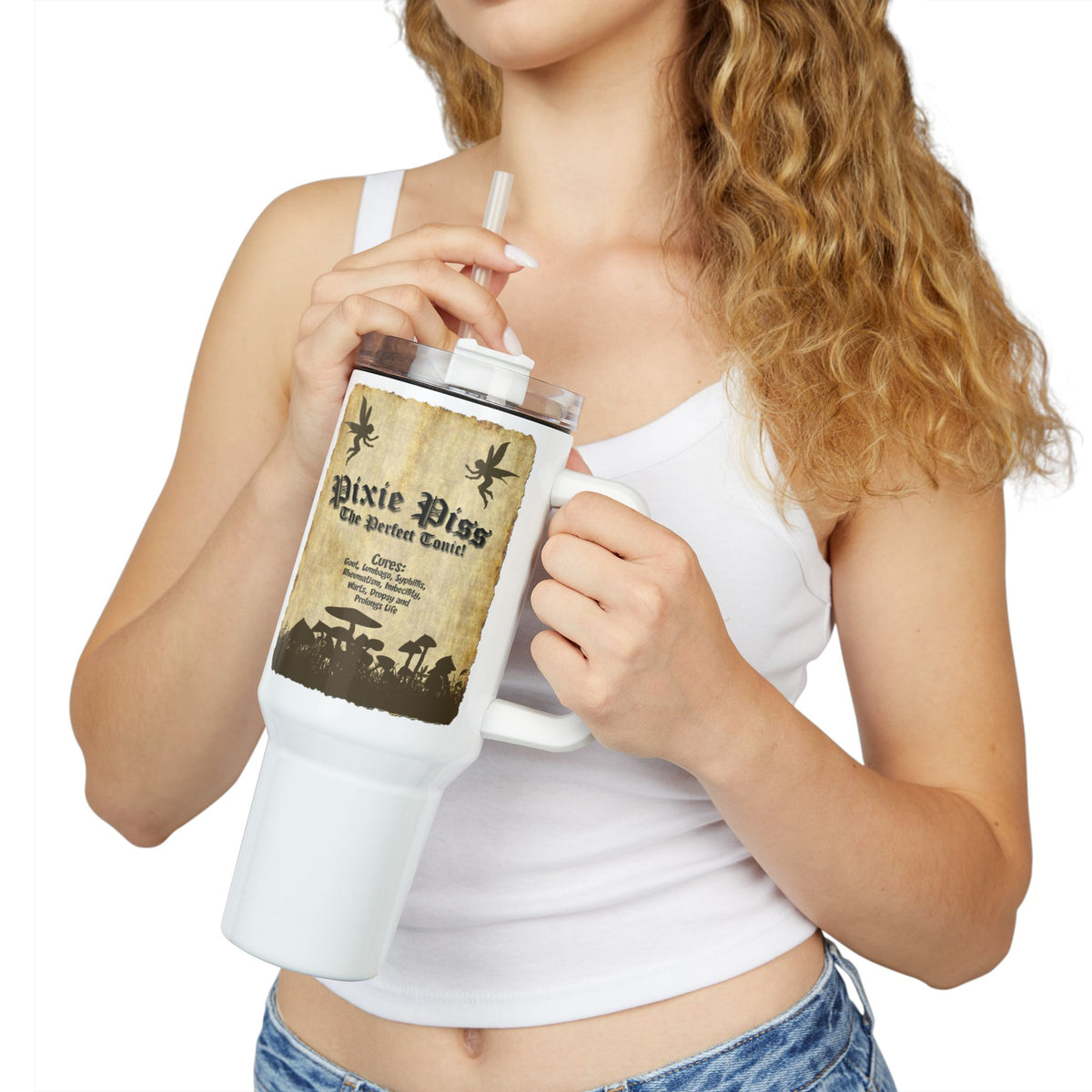 Pixie Piss Tumbler with Handle — Fantasy Potion Label  — Insulated Travel Cup