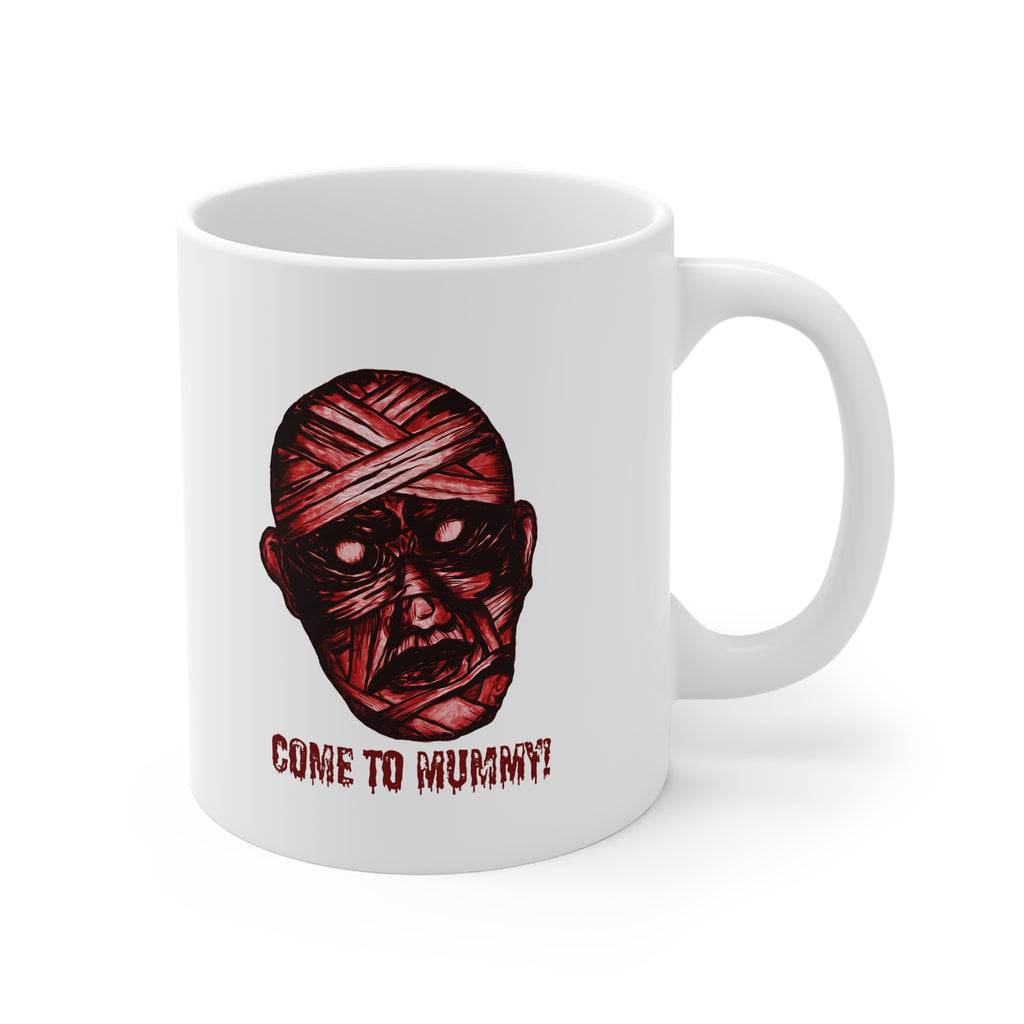 Mummy Head Illustration T-shirt | 'Come to Mummy' Horror Coffee Cup
