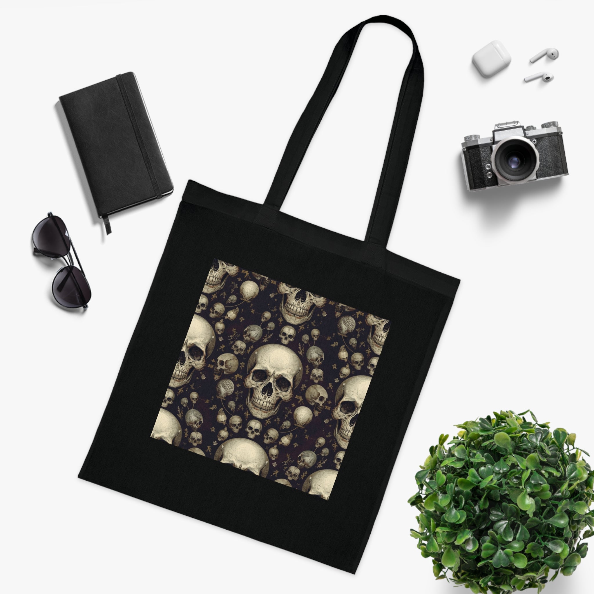 Skull Pattern Cotton Tote — Gothic Skull Print Reusable Shopper Bag