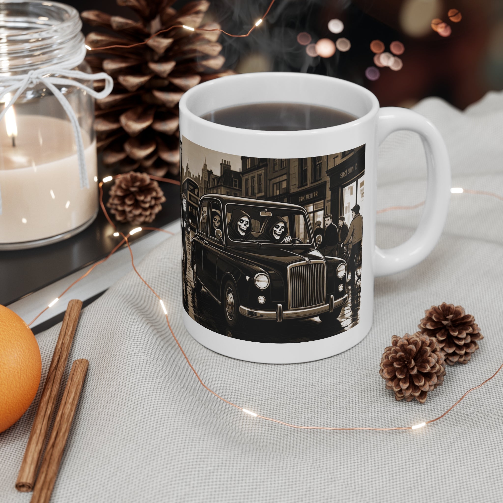 Death and Taxis Mug — Vintage London Scene Coffee Cup with Quote