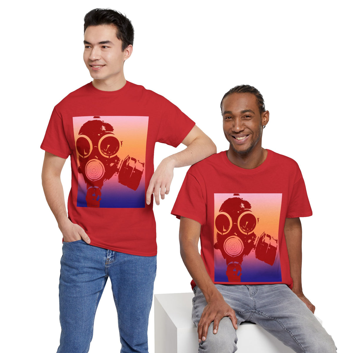 Gas Mask Sunset Tee — Retro Gradient Respirator Graphic T-Shirt