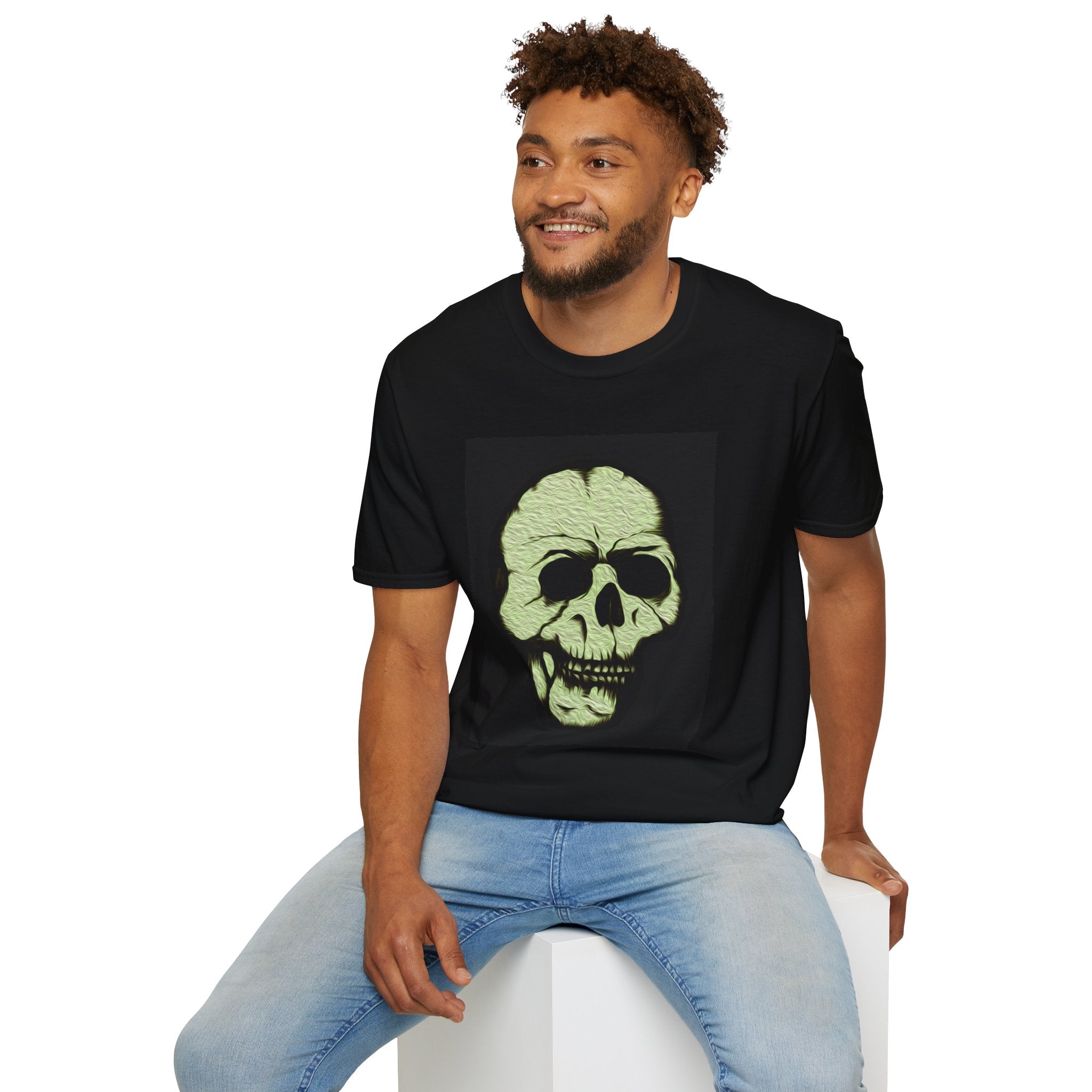 Skull Design by PhatBob T-Shirt — Halloween Neon Skull Graphic Tee
