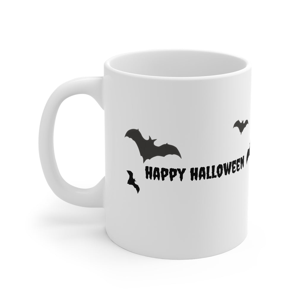 Ghostly Halloween Mug - 11oz White Coffee Cup with 'Happy Halloween' and Flying Bats