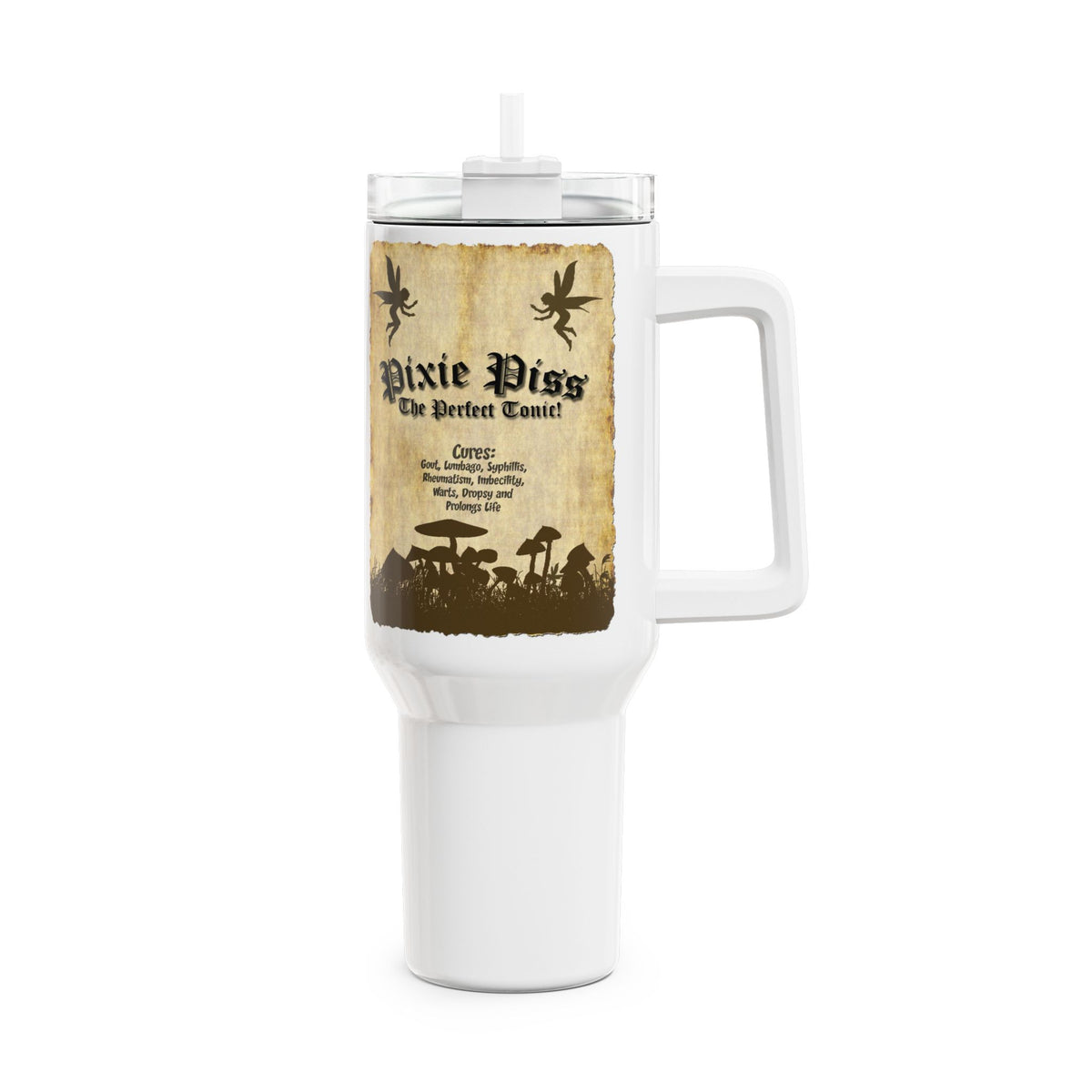 Pixie Piss Tumbler with Handle — Fantasy Potion Label  — Insulated Travel Cup