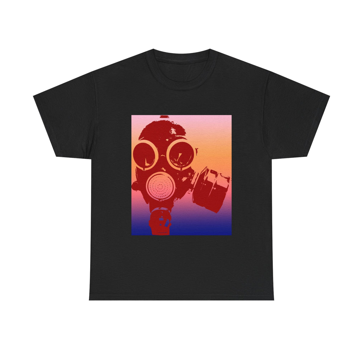 Gas Mask Sunset Tee — Retro Gradient Respirator Graphic T-Shirt