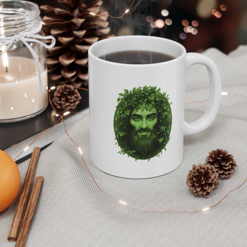 Green Man Botanical Mug — Mythical Foliate Face Coffee Cup