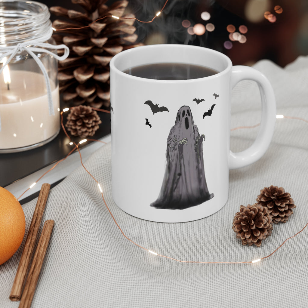 Ghostly Halloween Mug - 11oz White Coffee Cup with 'Happy Halloween' and Flying Bats