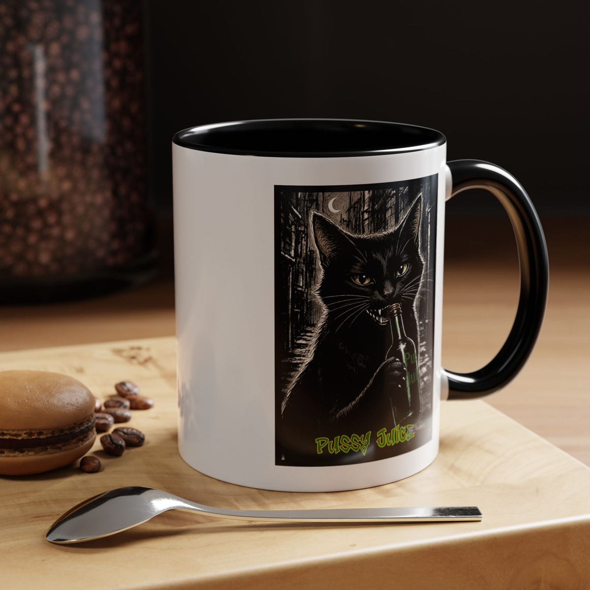 Black Cat Coffee Mug — 'Pussy Juice' Gothic Cat Accent Mug (11/15oz)