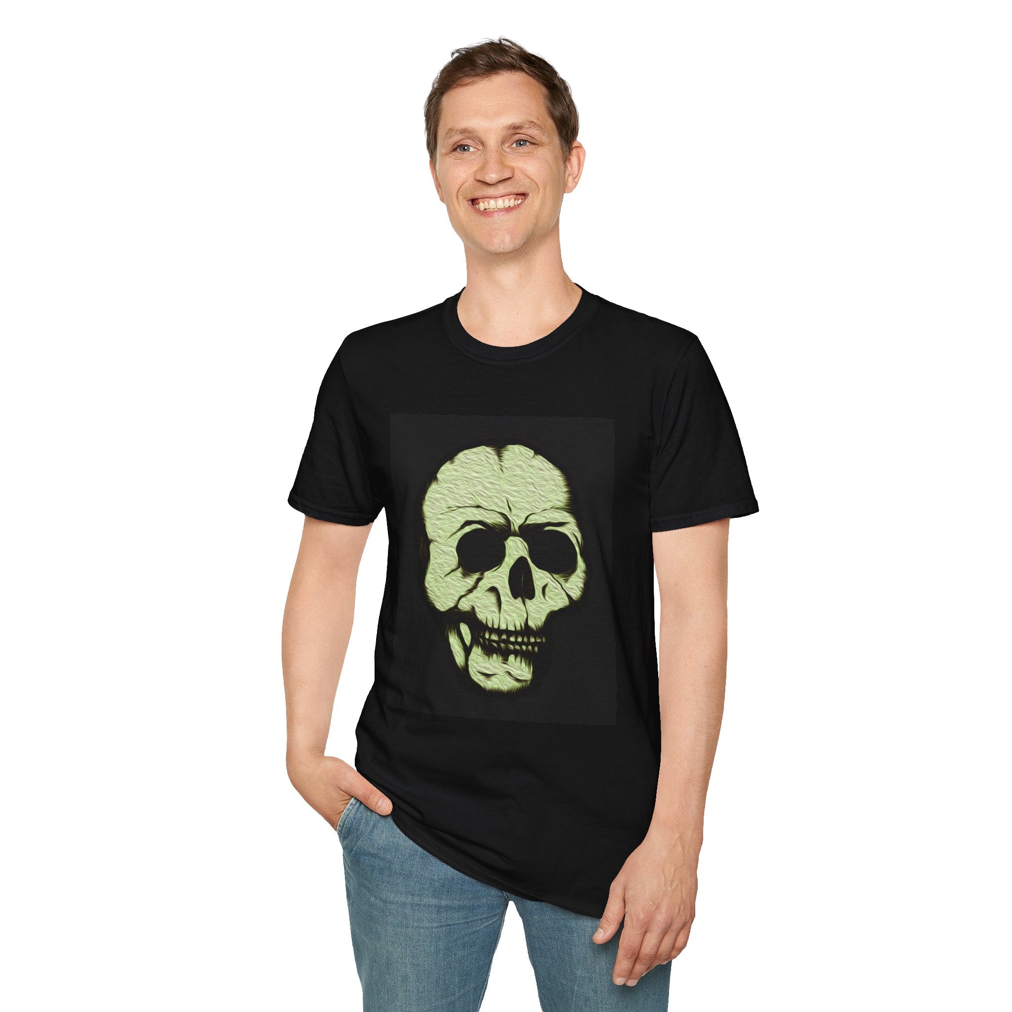 Skull Design by PhatBob T-Shirt — Halloween Neon Skull Graphic Tee