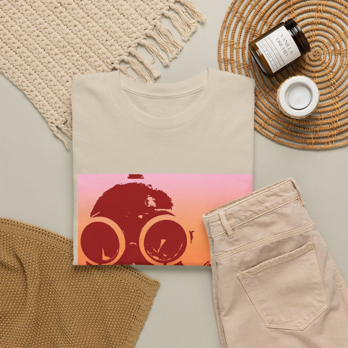 Gas Mask Sunset Tee — Retro Gradient Respirator Graphic T-Shirt