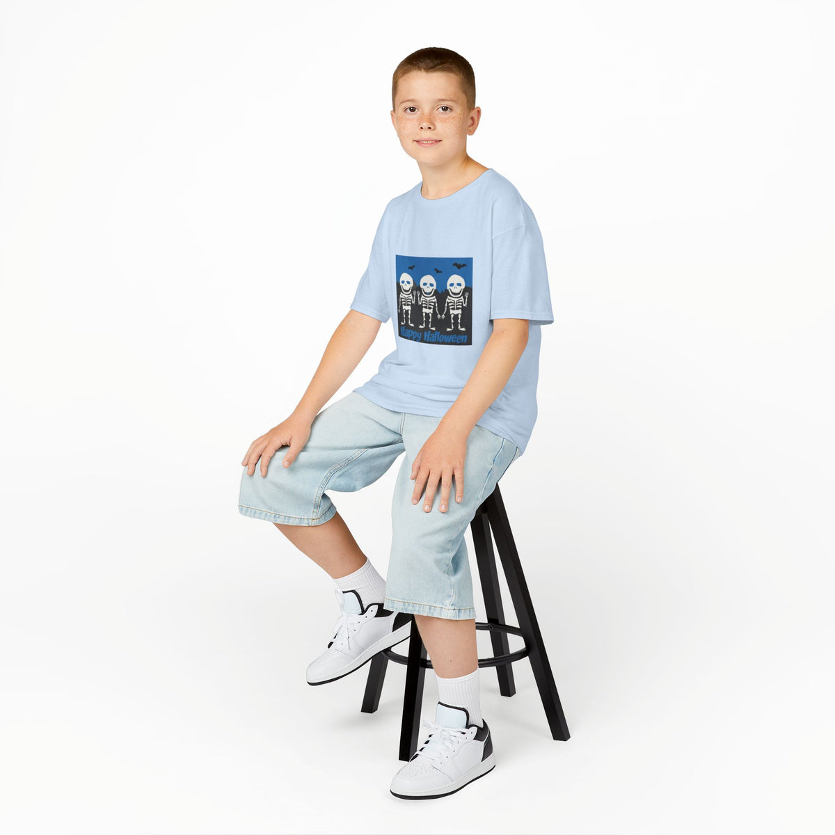 Happy Halloween Cute Skeletons Kids Tee | Fluttering Bats, Blue Night