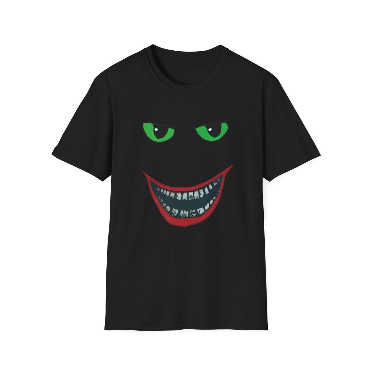 Creepy Grin Graphic T-Shirt — Green Eyes & Sinister Smile Halloween Tee