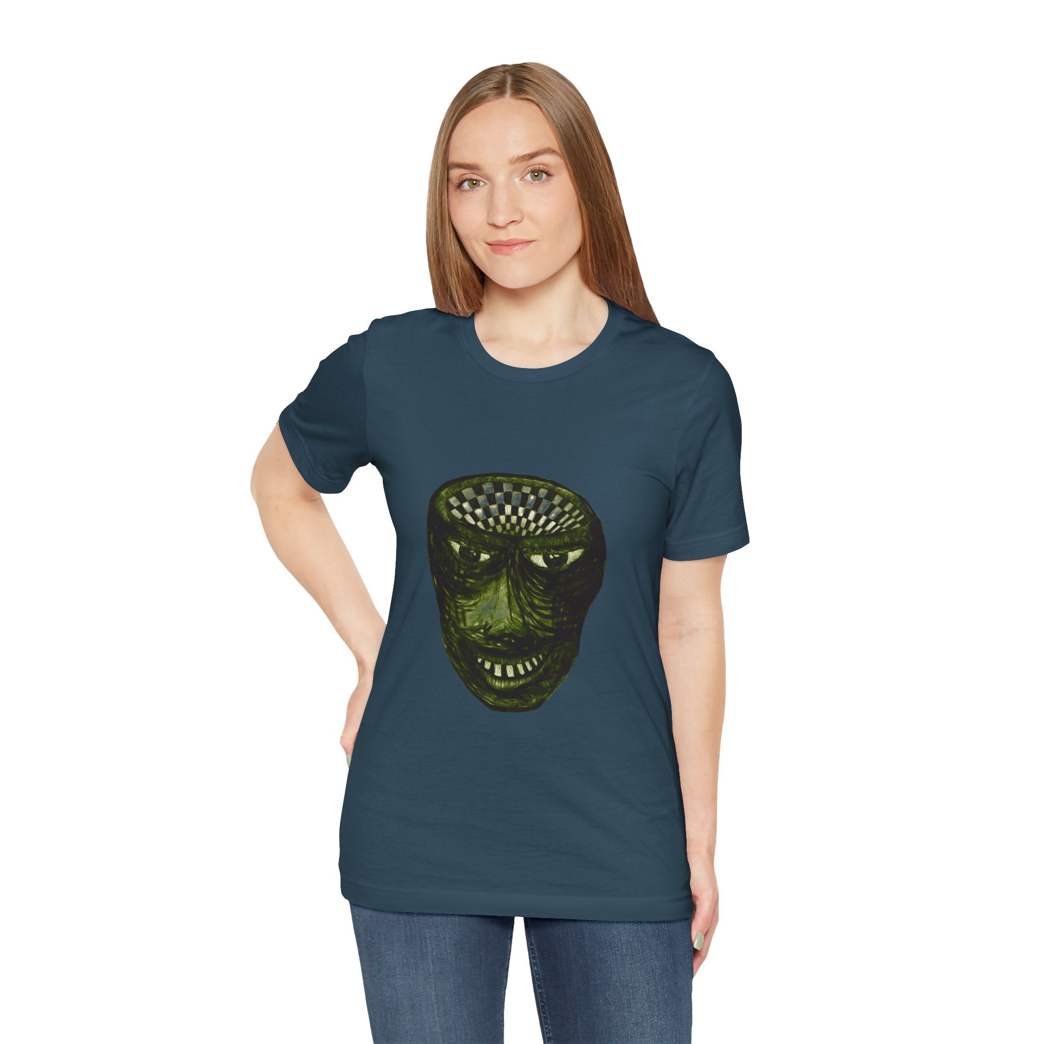 Creepy Green Distorted Face Tee — Surreal Horror Graphic T-Shirt