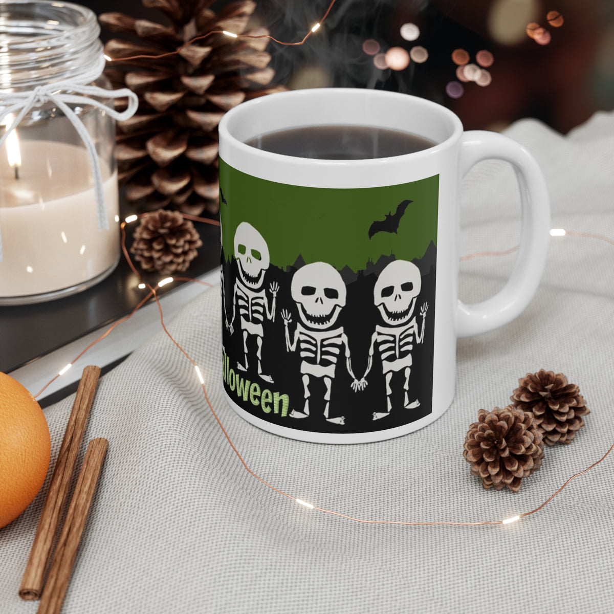 Happy Halloween Cute Skeletons Mug — Spooky Ceramic Coffee Cup