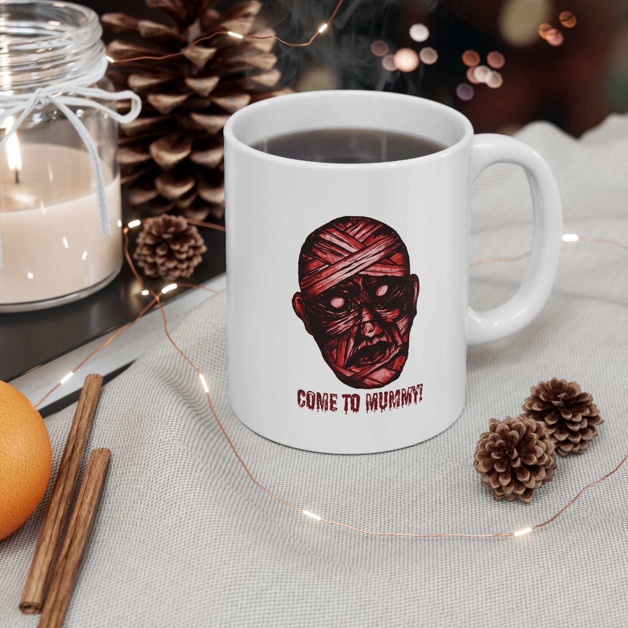 Mummy Head Illustration T-shirt | 'Come to Mummy' Horror Coffee Cup