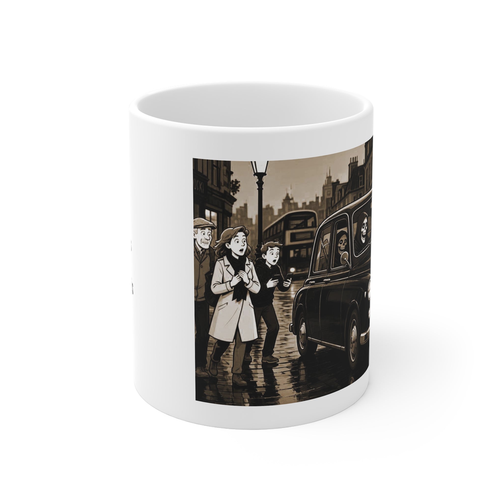 Death and Taxis Mug — Vintage London Scene Coffee Cup with Quote