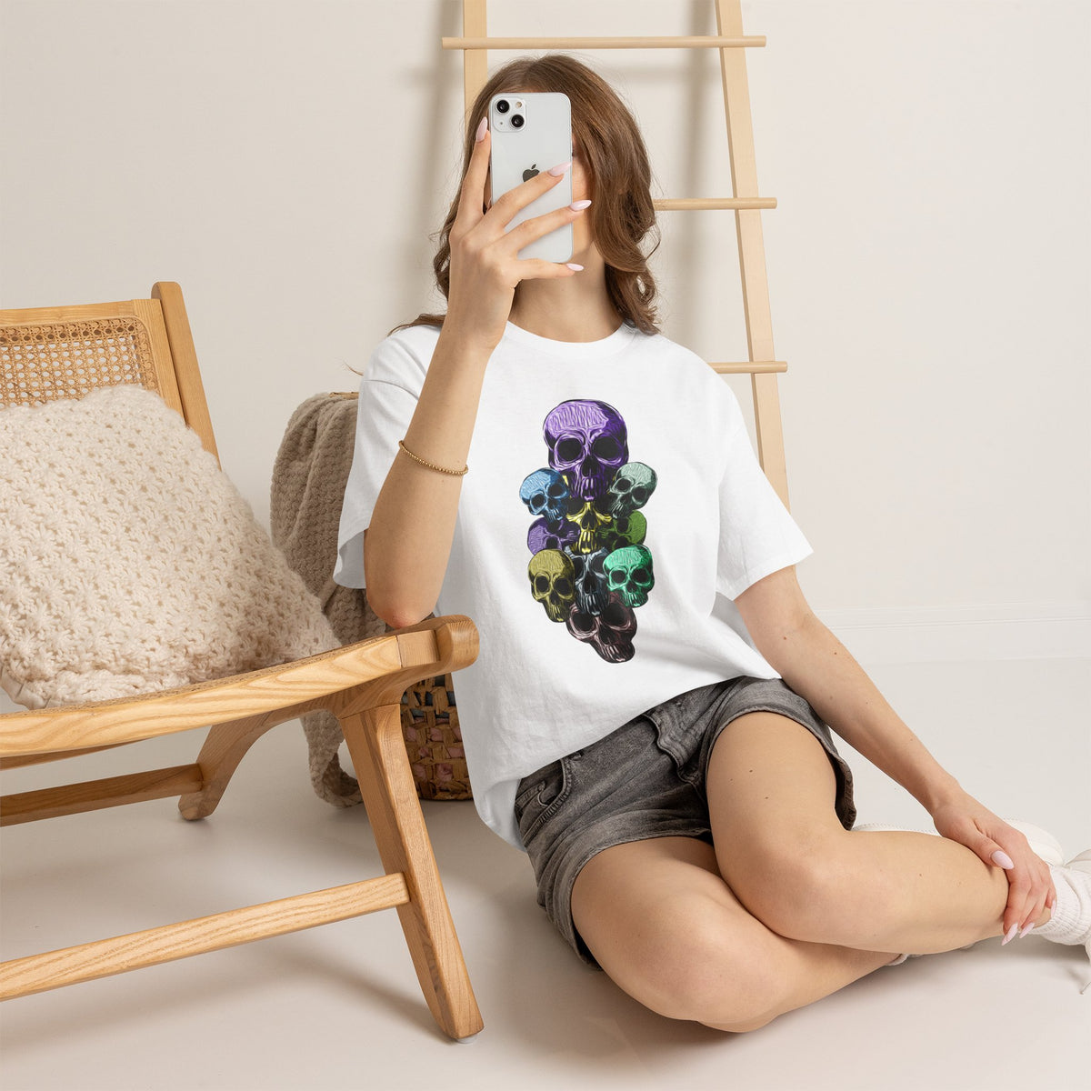 Rainbow Skull Stack T-Shirt | Multicolour Skull Art, Gothic Tee