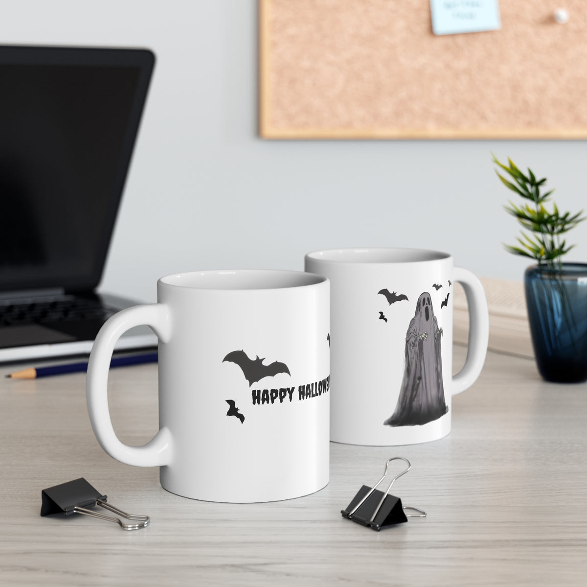 Ghostly Halloween Mug - 11oz White Coffee Cup with 'Happy Halloween' and Flying Bats