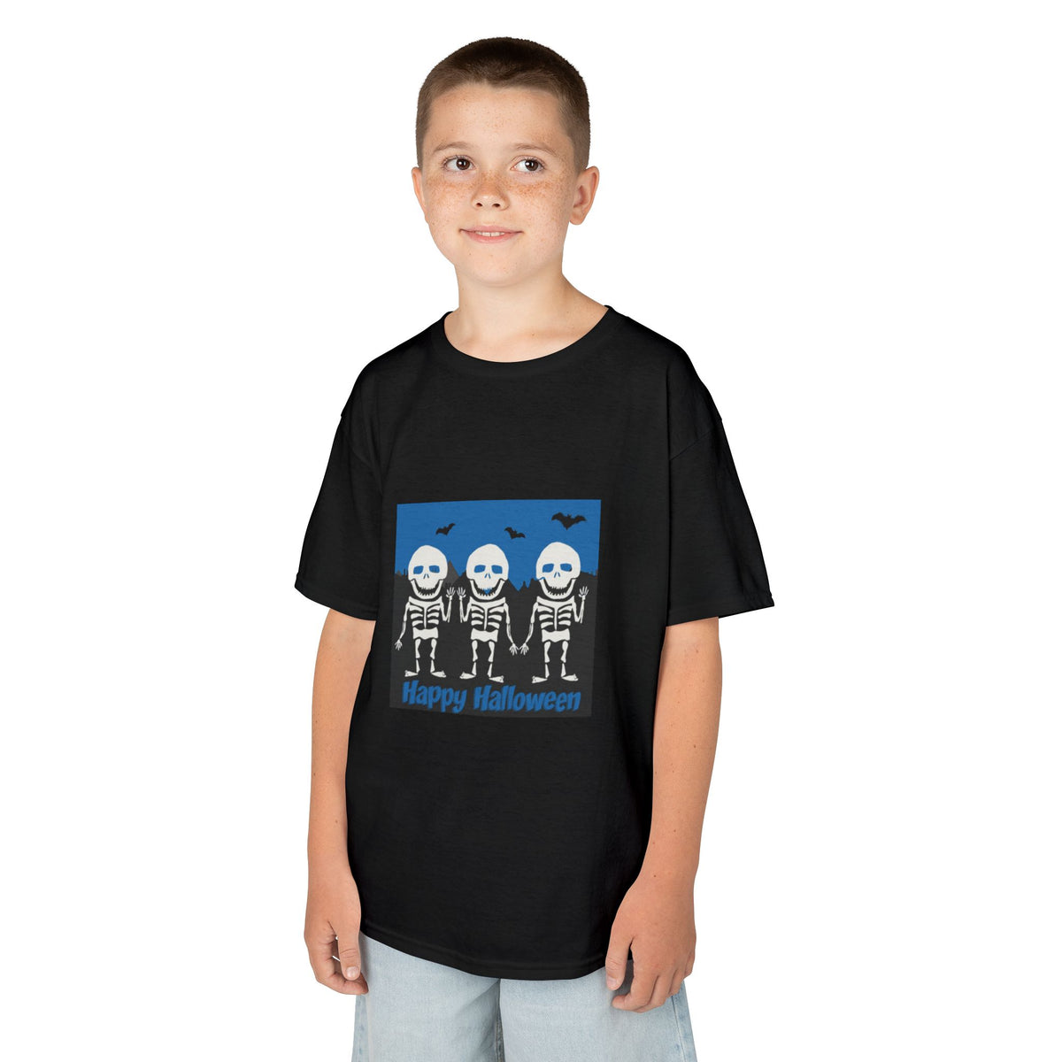 Happy Halloween Cute Skeletons Kids Tee | Fluttering Bats, Blue Night