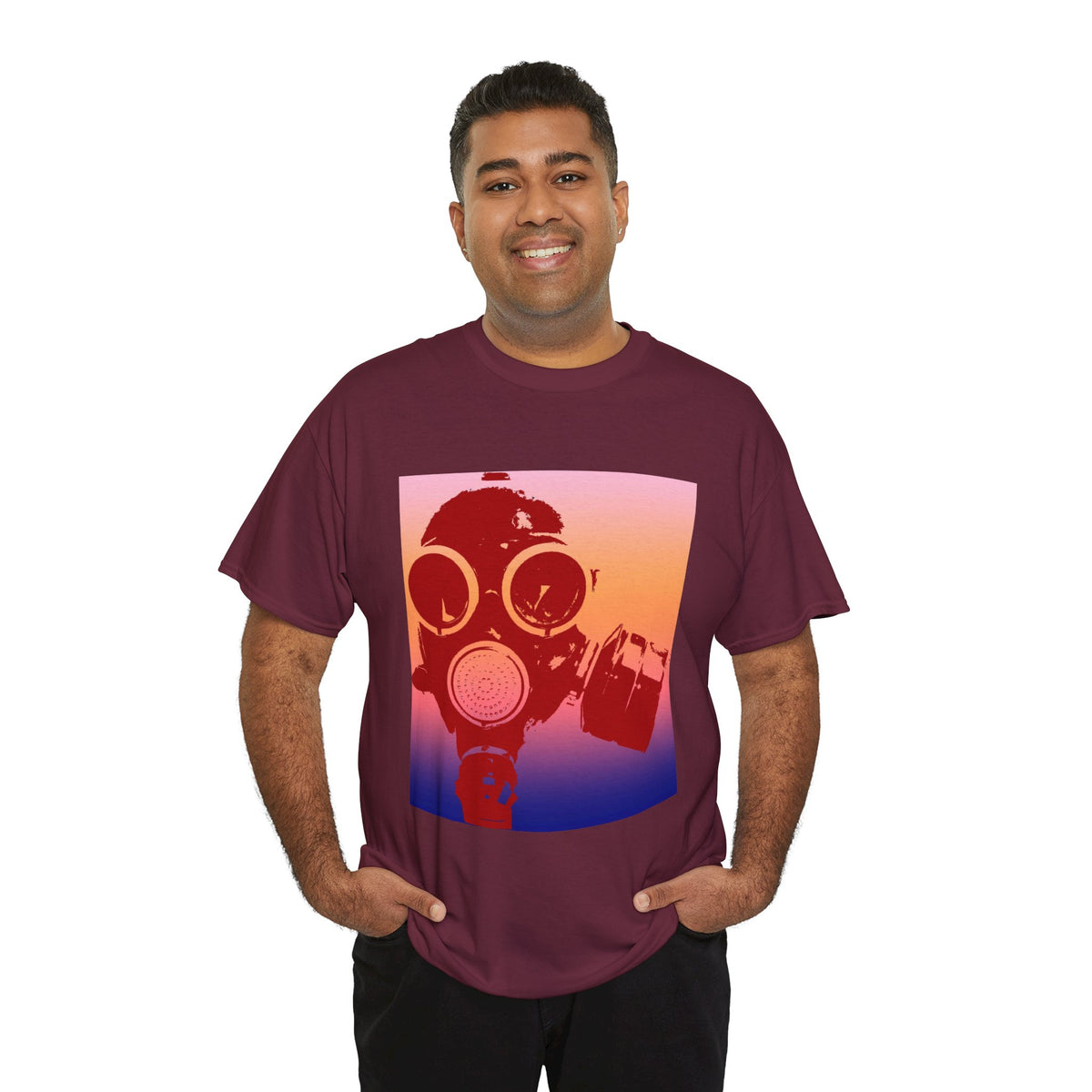 Gas Mask Sunset Tee — Retro Gradient Respirator Graphic T-Shirt
