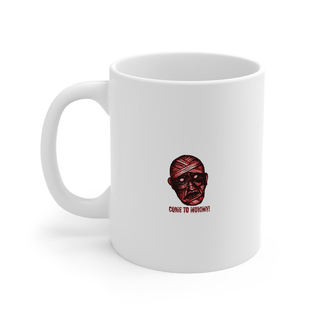 Mummy Head Illustration T-shirt | 'Come to Mummy' Horror Coffee Cup