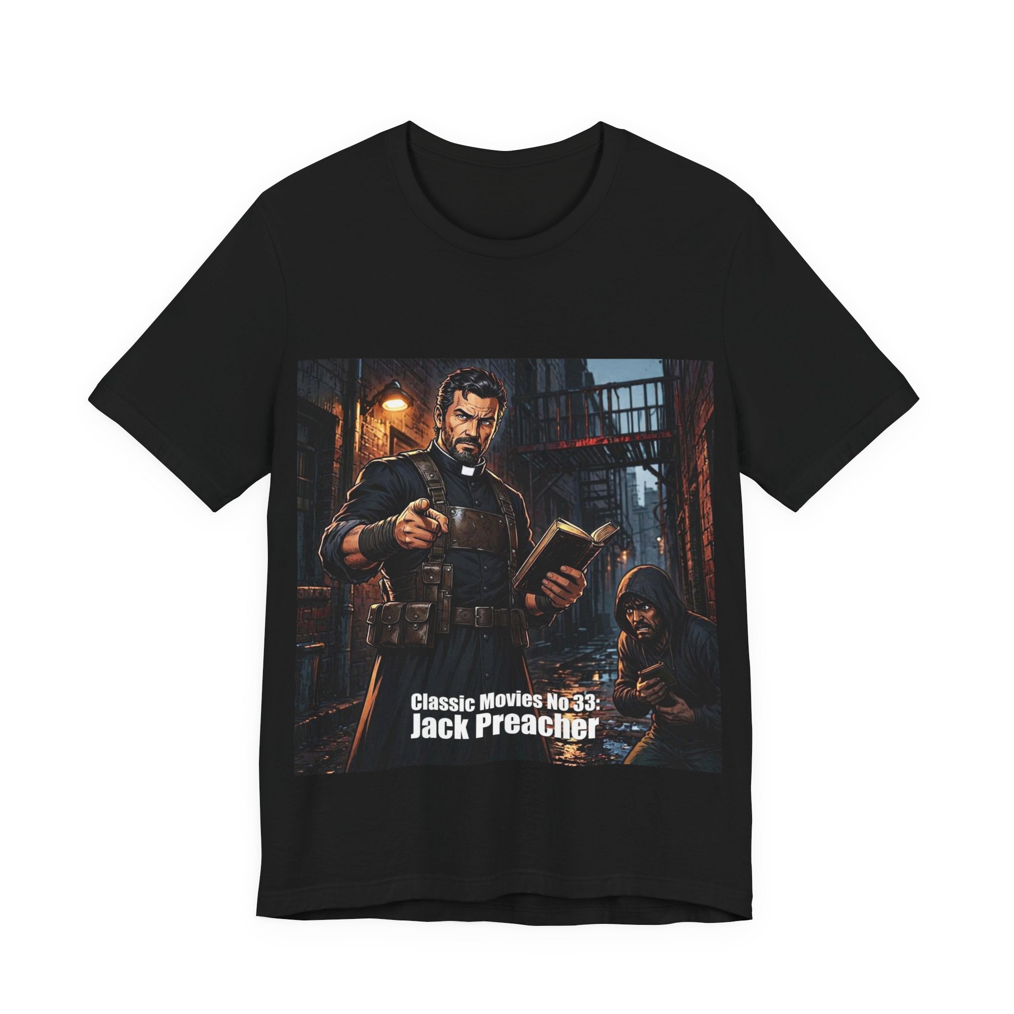 Classic Movies No 33 - Jack Preacher Illustration T-Shirt | Gothic Clergyman Art, Noir Scene