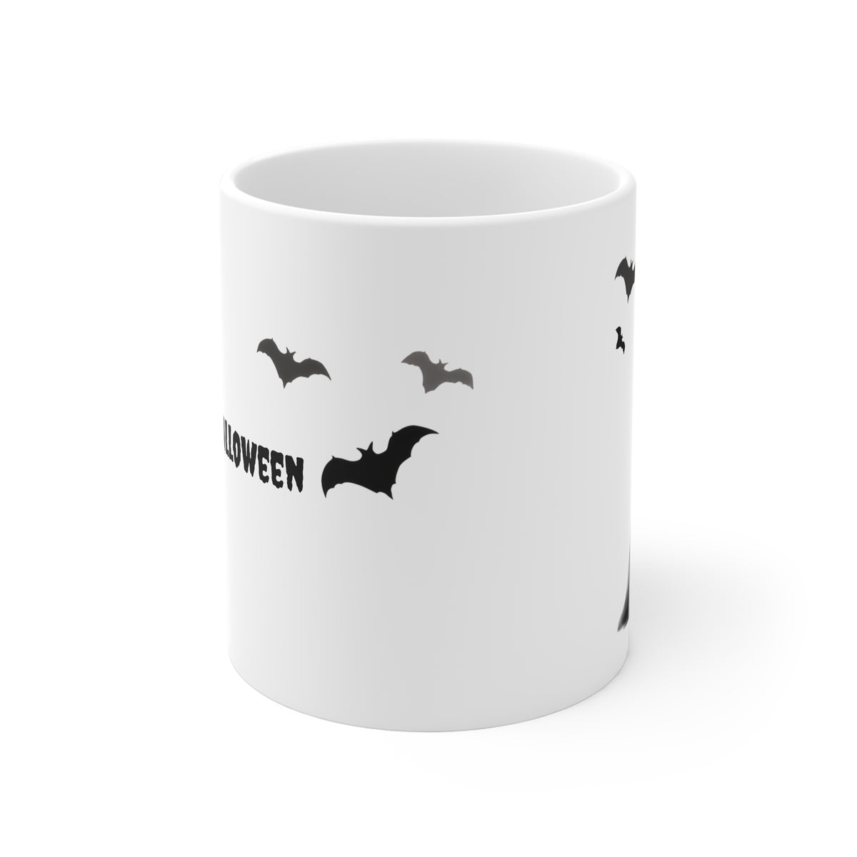 Ghostly Halloween Mug - 11oz White Coffee Cup with 'Happy Halloween' and Flying Bats
