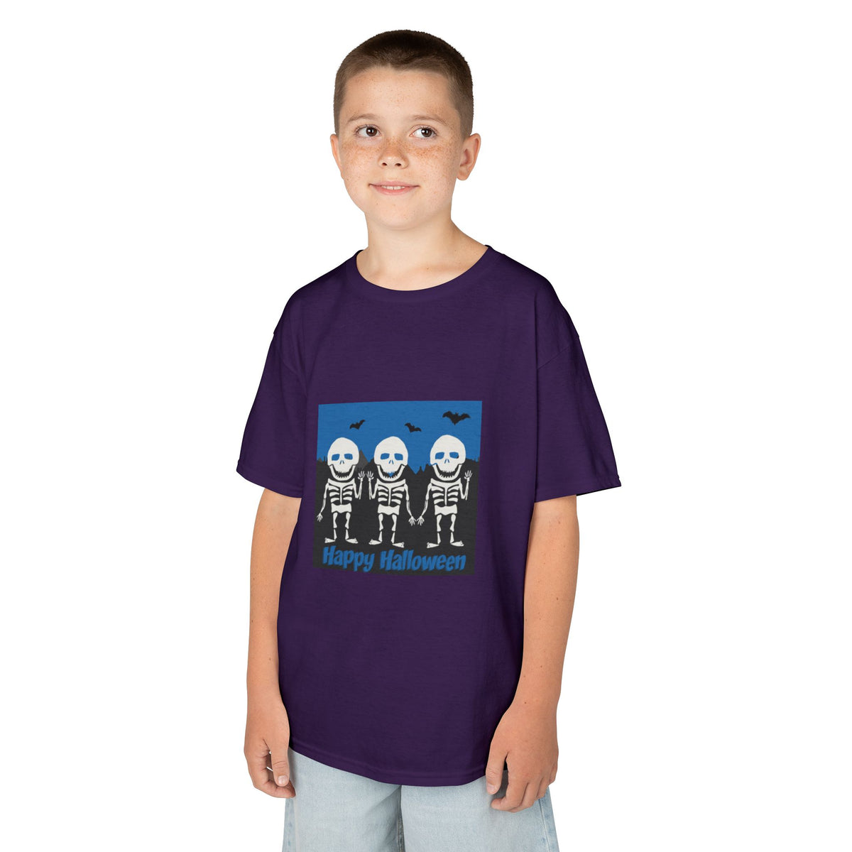 Happy Halloween Cute Skeletons Kids Tee | Fluttering Bats, Blue Night